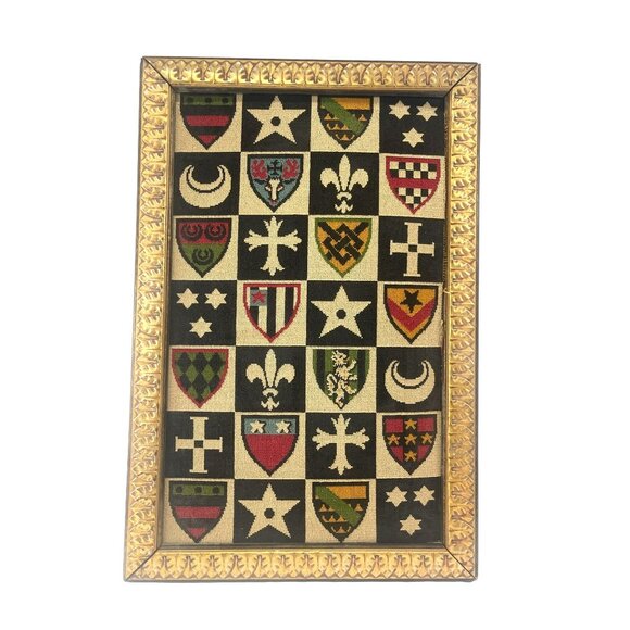 Medieval Shield Heraldry Needpoint Vintage Wall Hanging Framed - Picture 1 of 6
